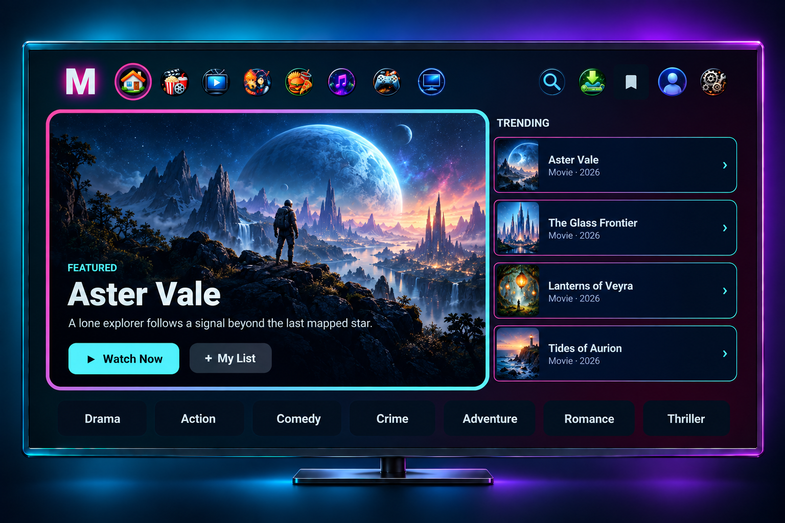 A MaliceTV home screen on a TV — a featured title with artwork, a Trending list and genre rows, for a real streaming-app feel from a free TMDB key.
