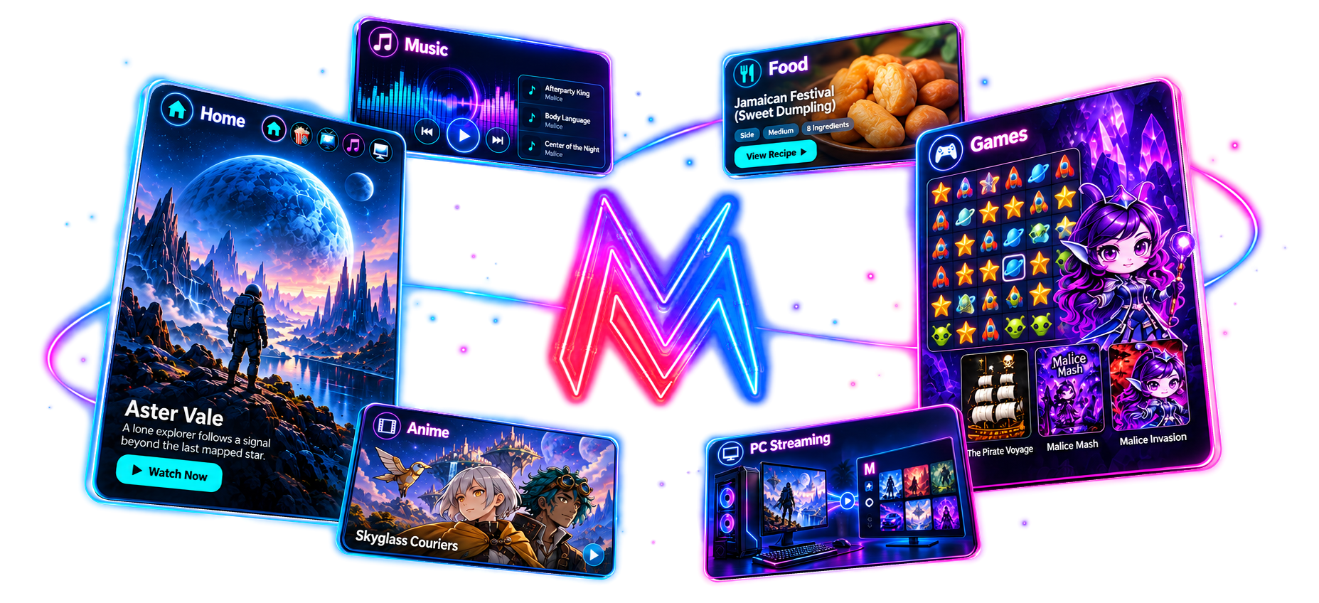 A collage of MaliceTV screens around the neon M logo — Home with a featured title, Music, Food, Games, Anime and PC Streaming.