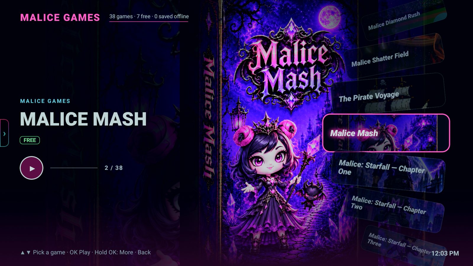 MaliceTV Arcade — the Malice Games wheel with Malice Mash highlighted, its cover art in the middle and a list of games on the right