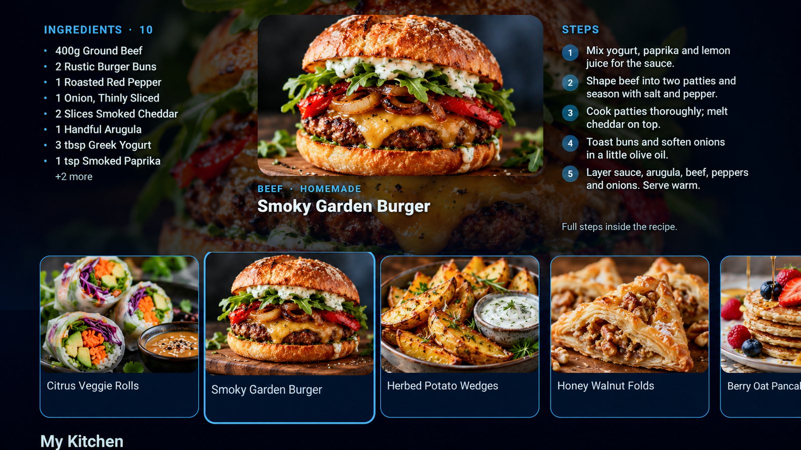 MaliceTV Food — a burger recipe with its ingredients on the left, the dish in the middle and the steps on the right, with more recipes below
