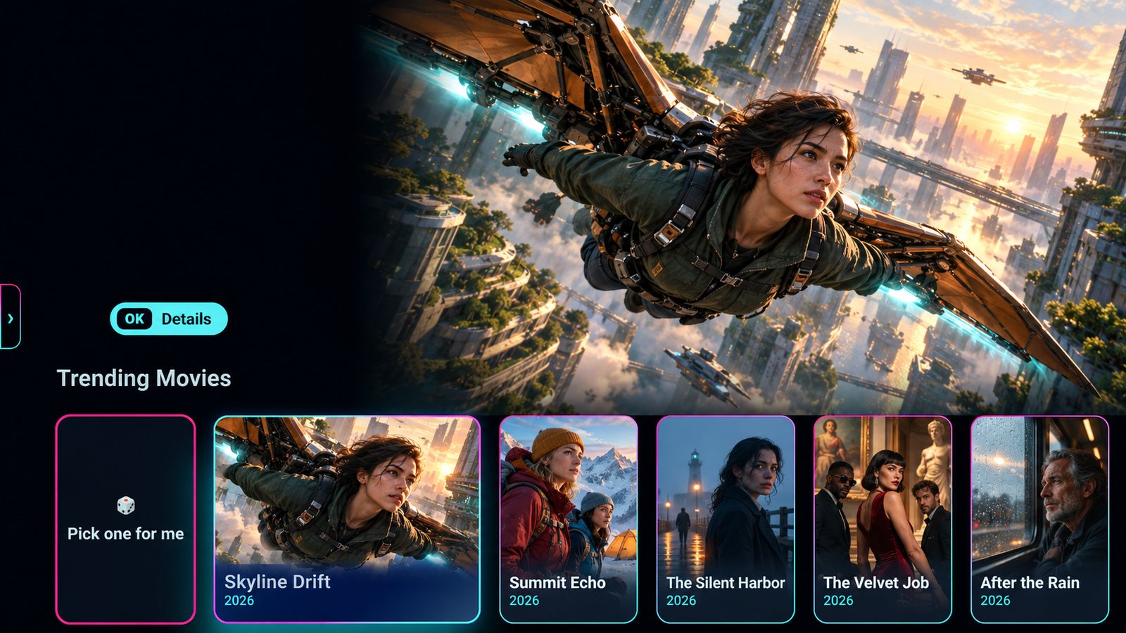 MaliceTV home screen — a featured movie across the top with a Trending Movies row and a Pick one for me card below