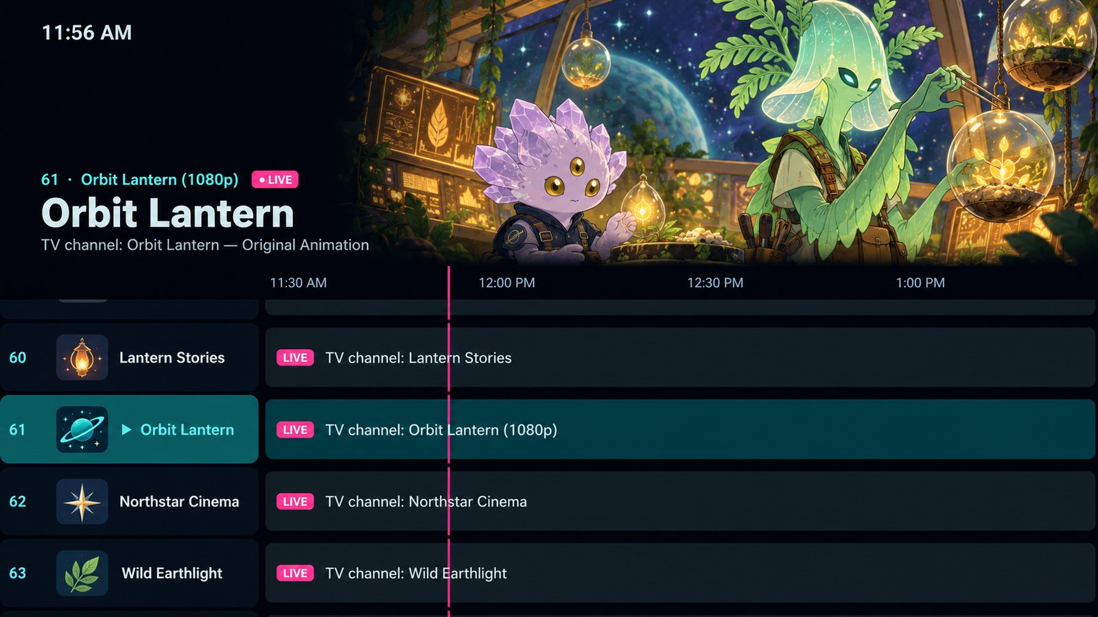 MaliceTV Live TV guide — a channel's picture across the top, then a programme grid with channel numbers, logos and what's on now