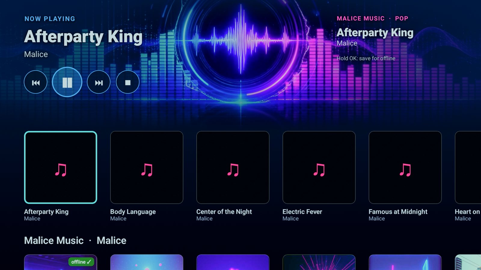 MaliceTV Music — Now Playing with playback controls over a large neon equalizer, and rows of Malice Music songs below